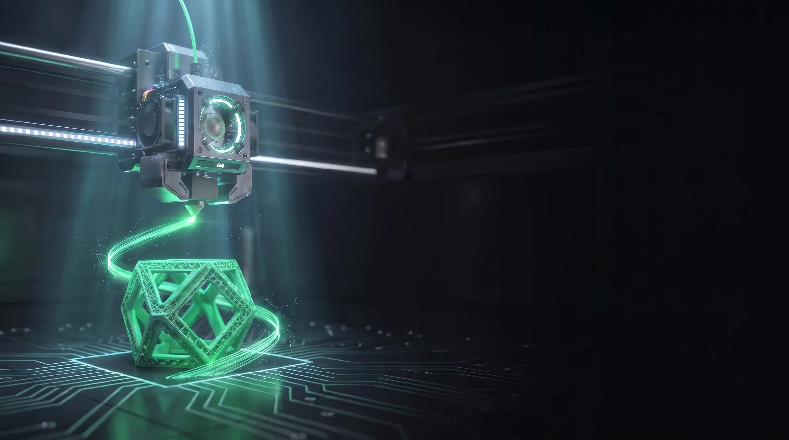 Cabezal de impresión 3D junto a una pieza geométrica verde
